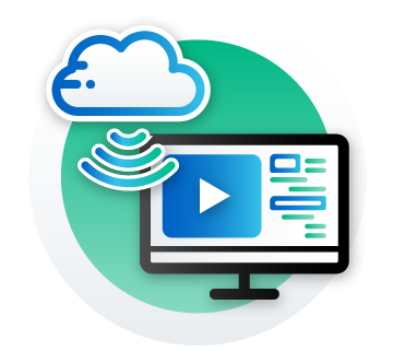 Illustration of wifi coming from the cloud to desktop computer with streaming conference video and content.